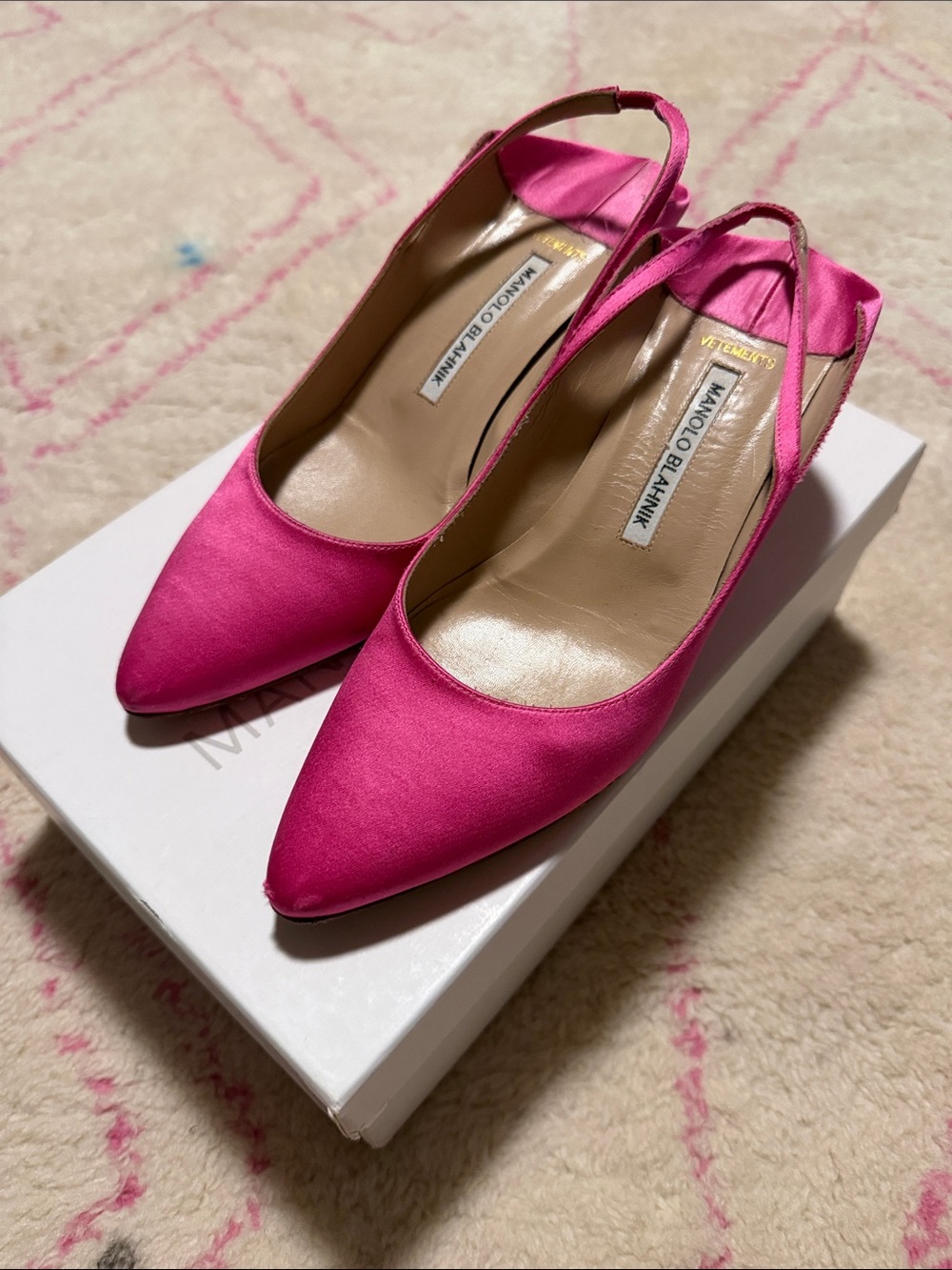 Manolo Blahnik X Vetements Hot Pink Satin Pointed Slingback Heels